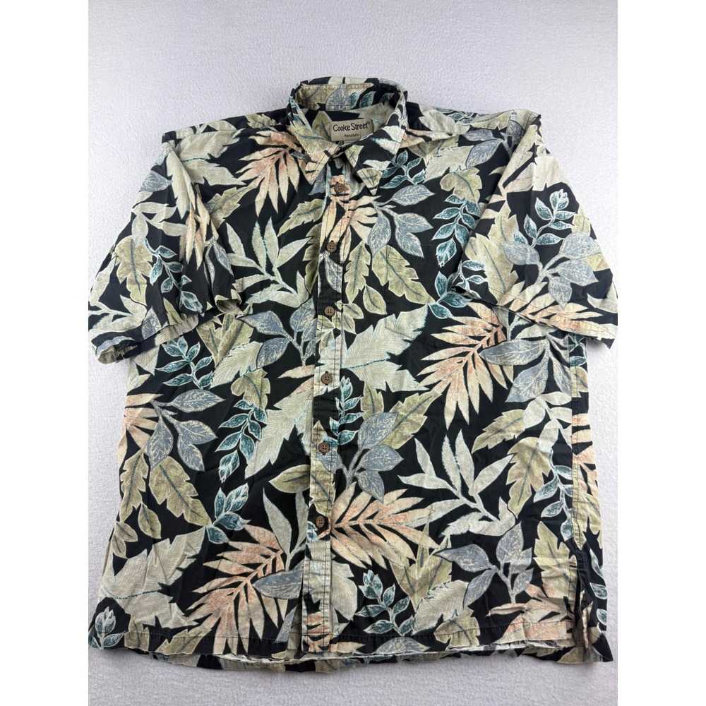 Cooke Street Honolulu Mens Large Black Tropical Leaf Reverse Print Cotton Shirt